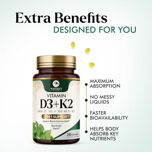 D3 K2 Vitamin - Vitamin D3 4000 IE pro Weichkapsel - Hochdosiertes Vitamin D3 Präparat - 2-in-1 Komplex Vitamin D & Vitamin K2 (MK7) - Leicht zu schlucken, Knochen- & Immununterstützung - Hergestellt in den USA - 240 Weichkapseln