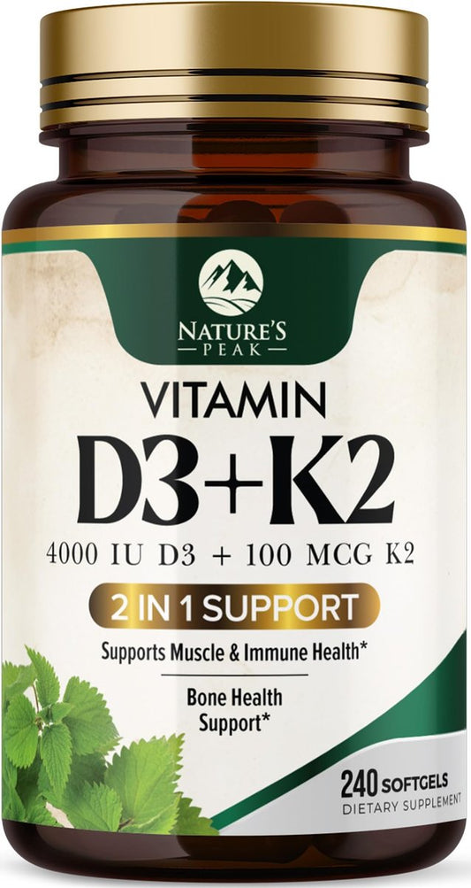 D3 K2 Vitamin - Vitamin D3 4000 IE pro Weichkapsel - Hochdosiertes Vitamin D3 Präparat - 2-in-1 Komplex Vitamin D & Vitamin K2 (MK7) - Leicht zu schlucken, Knochen- & Immununterstützung - Hergestellt in den USA - 240 Weichkapseln