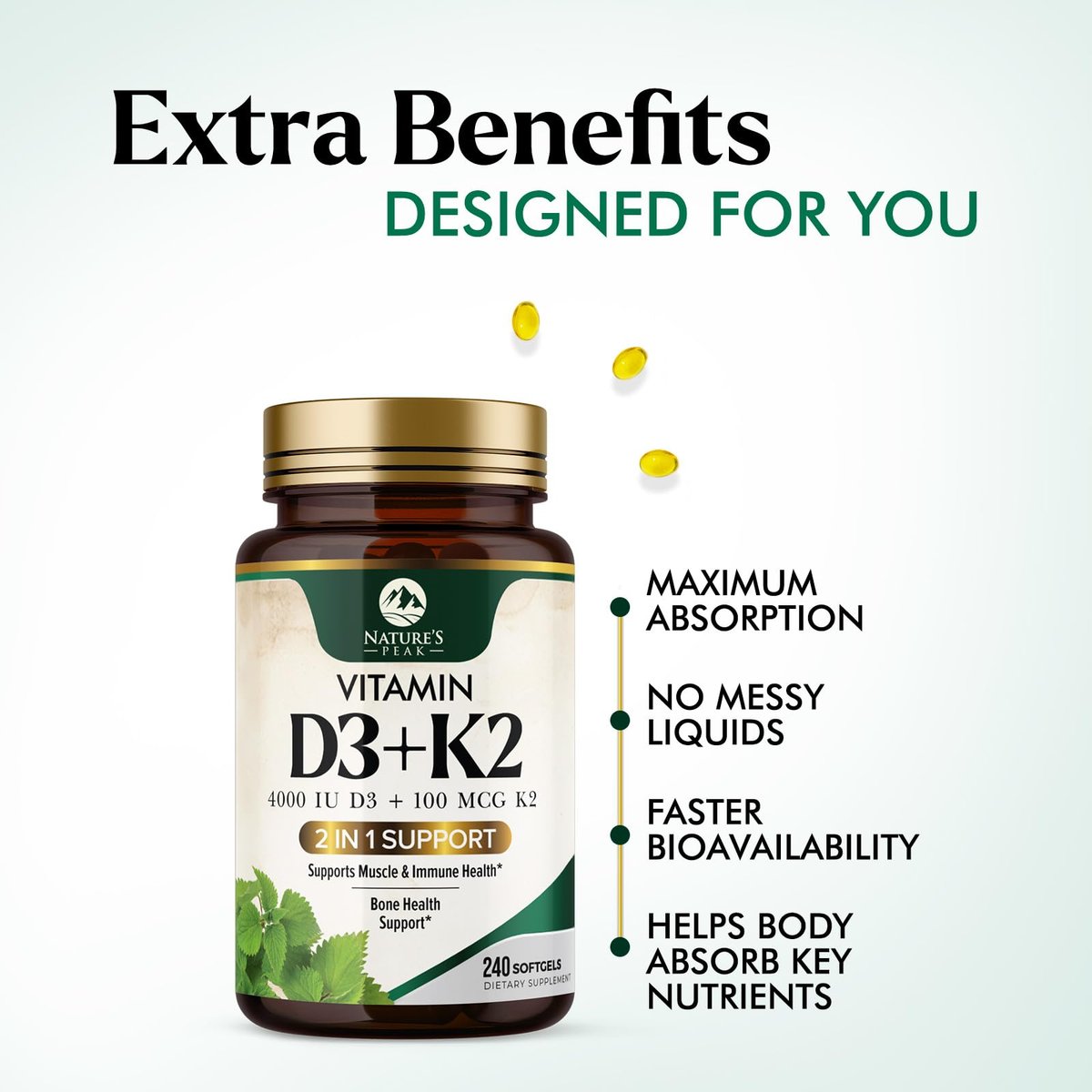 D3 K2 Vitamin - Vitamin D3 4000 IE pro Weichkapsel - Hochdosiertes Vitamin D3 Präparat - 2-in-1 Komplex Vitamin D & Vitamin K2 (MK7) - Leicht zu schlucken, Knochen- & Immununterstützung - Hergestellt in den USA - 240 Weichkapseln