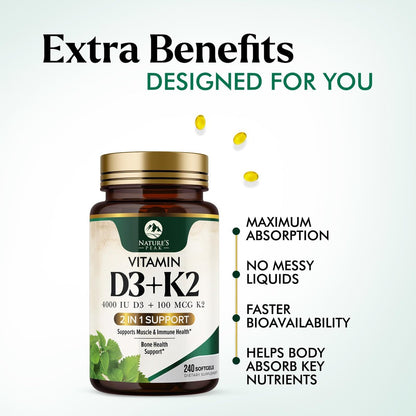 D3 K2 Vitamin - Vitamin D3 4000 IE pro Weichkapsel - Hochdosiertes Vitamin D3 Präparat - 2-in-1 Komplex Vitamin D & Vitamin K2 (MK7) - Leicht zu schlucken, Knochen- & Immununterstützung - Hergestellt in den USA - 240 Weichkapseln