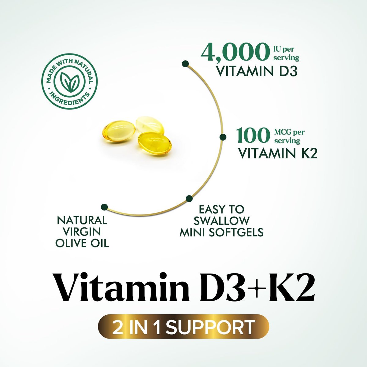 D3 K2 Vitamin - Vitamin D3 4000 IE pro Weichkapsel - Hochdosiertes Vitamin D3 Präparat - 2-in-1 Komplex Vitamin D & Vitamin K2 (MK7) - Leicht zu schlucken, Knochen- & Immununterstützung - Hergestellt in den USA - 240 Weichkapseln