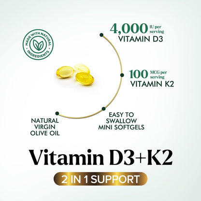 D3 K2 Vitamin - Vitamin D3 4000 IE pro Weichkapsel - Hochdosiertes Vitamin D3 Präparat - 2-in-1 Komplex Vitamin D & Vitamin K2 (MK7) - Leicht zu schlucken, Knochen- & Immununterstützung - Hergestellt in den USA - 240 Weichkapseln