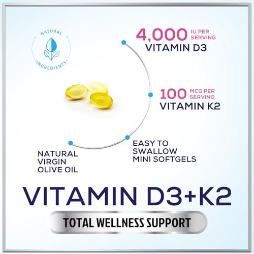 Vitamin D3 4000IU mit K2 (MK-7) - D3K2 Komplex für Knochen, Zähne, Muskeln, Calciumaufnahme, Immunsystem & Herzgesundheit - Hergestellt in den USA - 120 Softgels