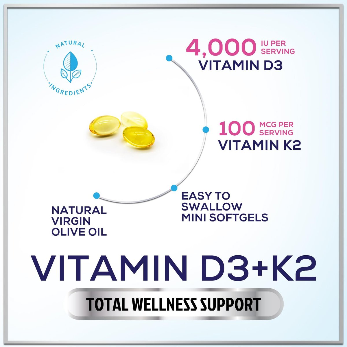 Vitamin D3 4000IU mit K2 (MK-7) - D3K2 Komplex für Knochen, Zähne, Muskeln, Calciumaufnahme, Immunsystem & Herzgesundheit - Hergestellt in den USA - 120 Softgels