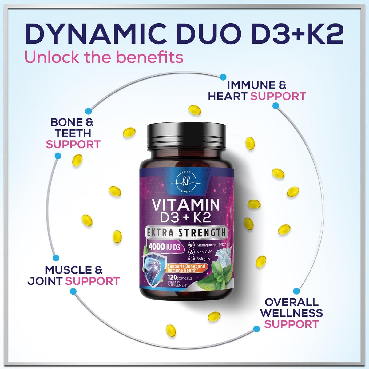 Vitamin D3 4000IU mit K2 (MK-7) - D3K2 Komplex für Knochen, Zähne, Muskeln, Calciumaufnahme, Immunsystem & Herzgesundheit - Hergestellt in den USA - 120 Softgels