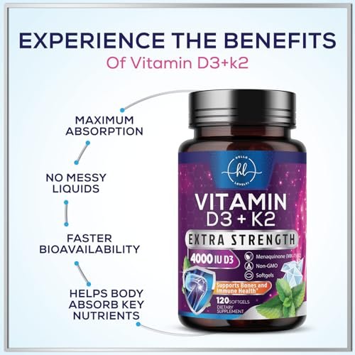 Vitamin D3 4000IU mit K2 (MK-7) - D3K2 Komplex für Knochen, Zähne, Muskeln, Calciumaufnahme, Immunsystem & Herzgesundheit - Hergestellt in den USA - 120 Softgels