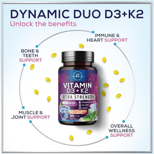Vitamin D3 4000IU mit K2 (MK-7) - D3K2 Komplex für Knochen, Zähne, Muskeln, Calciumaufnahme, Immunsystem & Herzgesundheit - Hergestellt in den USA - 120 Softgels