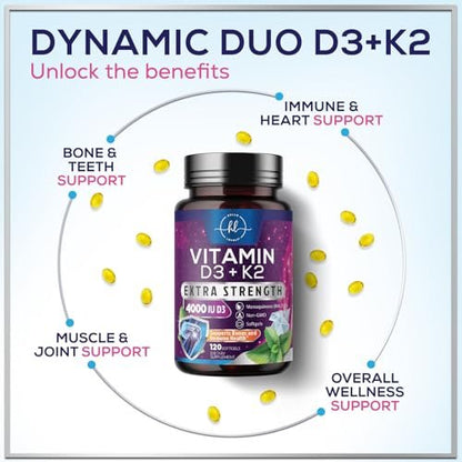 Vitamin D3 4000IU mit K2 (MK-7) - D3K2 Komplex für Knochen, Zähne, Muskeln, Calciumaufnahme, Immunsystem & Herzgesundheit - Hergestellt in den USA - 120 Softgels