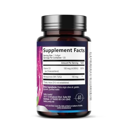 Vitamin D3 4000IU mit K2 (MK-7) - D3K2 Komplex für Knochen, Zähne, Muskeln, Calciumaufnahme, Immunsystem & Herzgesundheit - Hergestellt in den USA - 120 Softgels