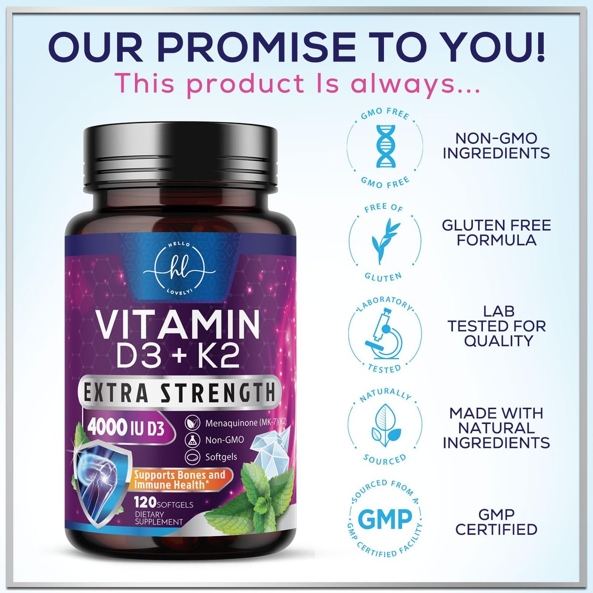 Vitamin D3 4000IU mit K2 (MK-7) - D3K2 Komplex für Knochen, Zähne, Muskeln, Calciumaufnahme, Immunsystem & Herzgesundheit - Hergestellt in den USA - 120 Softgels