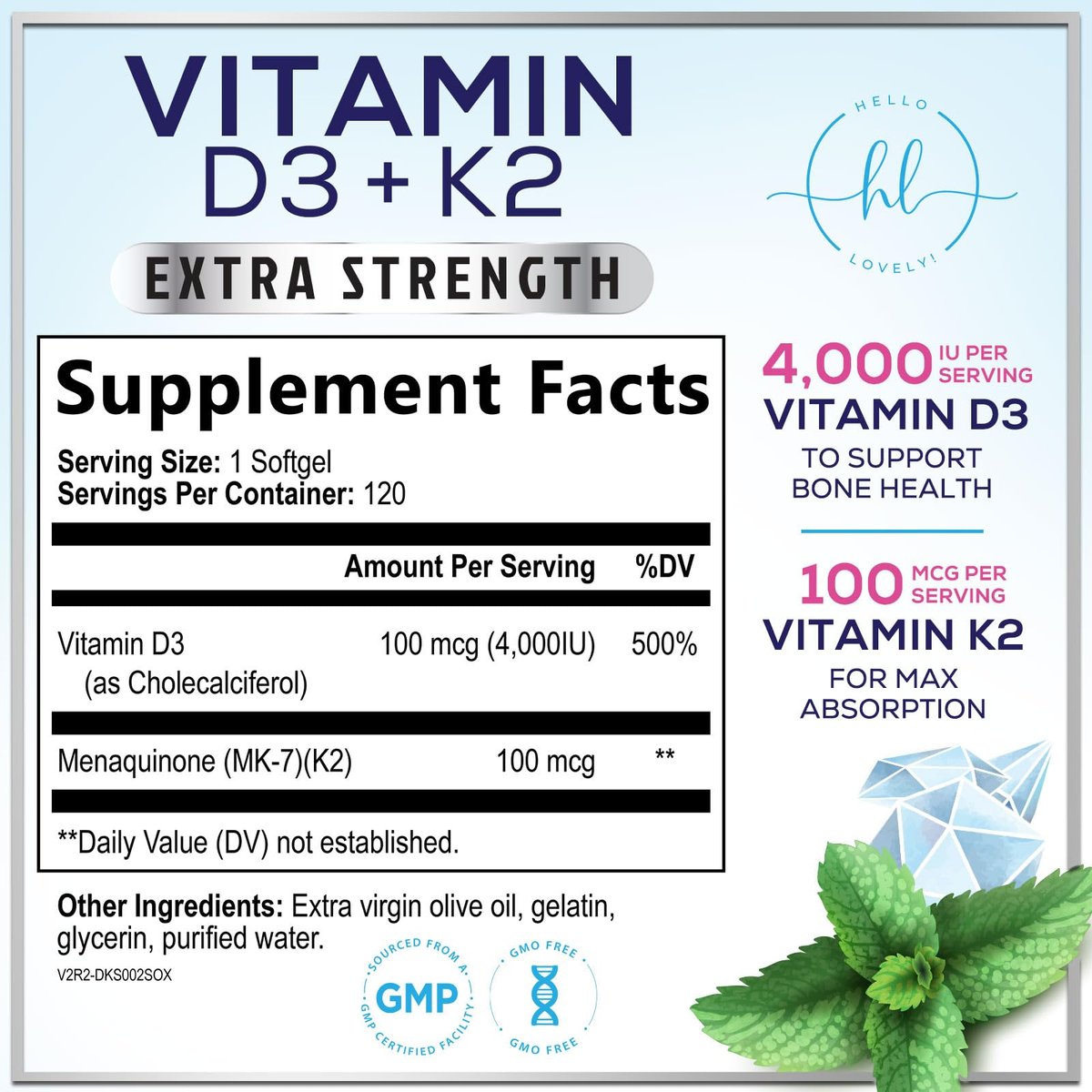 Vitamin D3 4000IU mit K2 (MK-7) - D3K2 Komplex für Knochen, Zähne, Muskeln, Calciumaufnahme, Immunsystem & Herzgesundheit - Hergestellt in den USA - 120 Softgels