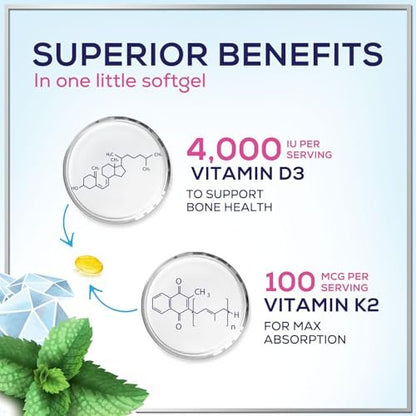 Vitamin D3 4000IU mit K2 (MK-7) - D3K2 Komplex für Knochen, Zähne, Muskeln, Calciumaufnahme, Immunsystem & Herzgesundheit - Hergestellt in den USA - 120 Softgels