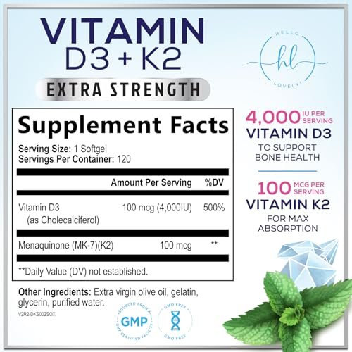 Vitamin D3 4000IU mit K2 (MK-7) - D3K2 Komplex für Knochen, Zähne, Muskeln, Calciumaufnahme, Immunsystem & Herzgesundheit - Hergestellt in den USA - 120 Softgels
