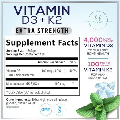 Vitamin D3 4000IU mit K2 (MK-7) - D3K2 Komplex für Knochen, Zähne, Muskeln, Calciumaufnahme, Immunsystem & Herzgesundheit - Hergestellt in den USA - 120 Softgels