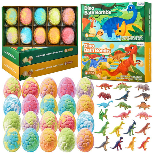 JuraFizz Dinosaurier Badebomben für Kinder mit Überraschung im Inneren, 20er Pack Natürliche Dino-Ei Badebomben mit Exklusiven Fleischfressenden & Pflanzenfressenden Dinosaurier-Spielzeugen, Ostergeschenke für Jungen und Mädchen
