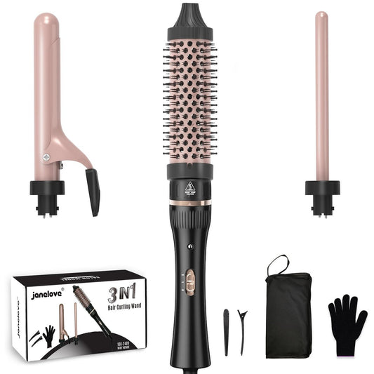 javelove 3-in-1 Lockenstab-Set mit Thermo-Bürste (3,8 cm) und 2 austauschbaren Keramik-Lockenwicklern (1,3 cm - 2,5 cm), 2 Temperatureinstellungen, inklusive Hitzeschutzhandschuh, 2 Clips und Aufbewahrungstasche