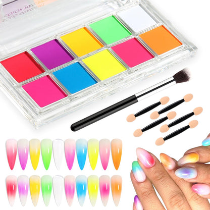FSpronail Neon Nagelpigment-Set 10 Farben Ombre-Nagelpuder Festes fluoreszierendes Pigment Farbverlauf Nageldesign Extra feines Glitzer Sommer Neon Nagelkunst Maniküre für Anfänger - Inklusive 5 Schwammstäbchen 1 Pinsel