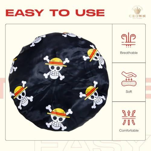 Anime Bonnet mit elastischem, weichem Band – Seidige Schlafhaube für Frauen und Männer, bequemer Satin, Schwarz