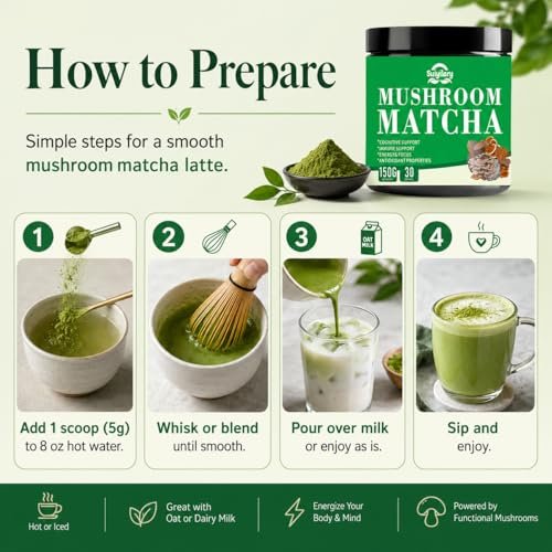 Suiyilary Mushroom Matcha – Zeremonieller Matcha-Pulver mit 7 Superfood-Pilzen, glutenfrei, 150 g (30 Portionen)