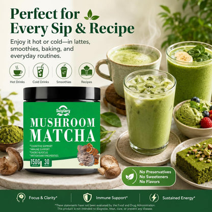 Suiyilary Mushroom Matcha – Zeremonieller Matcha-Pulver mit 7 Superfood-Pilzen, glutenfrei, 150 g (30 Portionen)