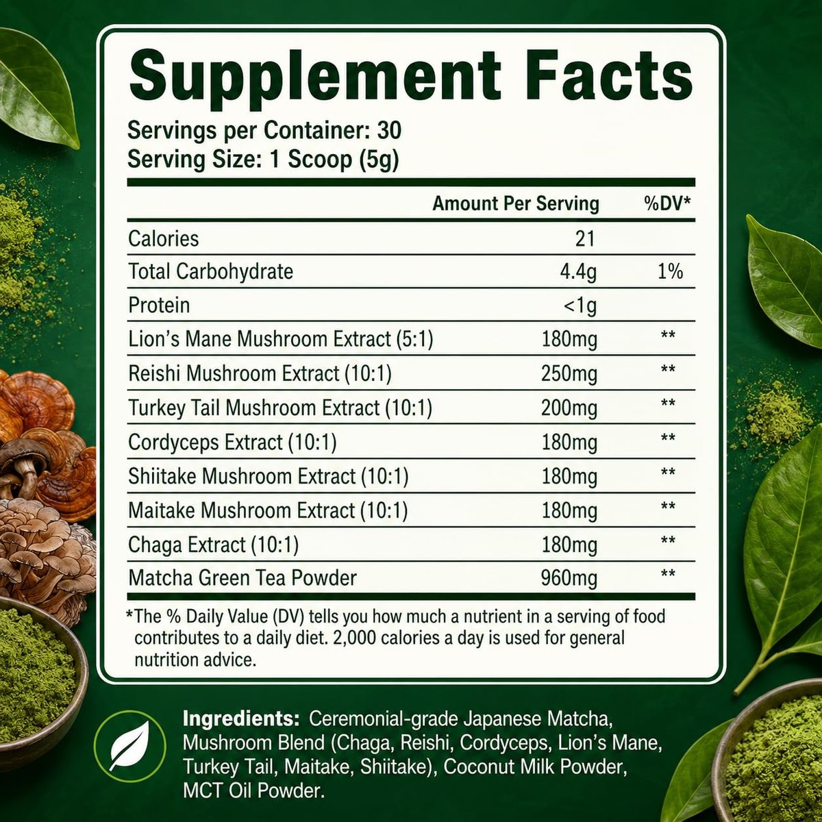 Suiyilary Mushroom Matcha – Zeremonieller Matcha-Pulver mit 7 Superfood-Pilzen, glutenfrei, 150 g (30 Portionen)