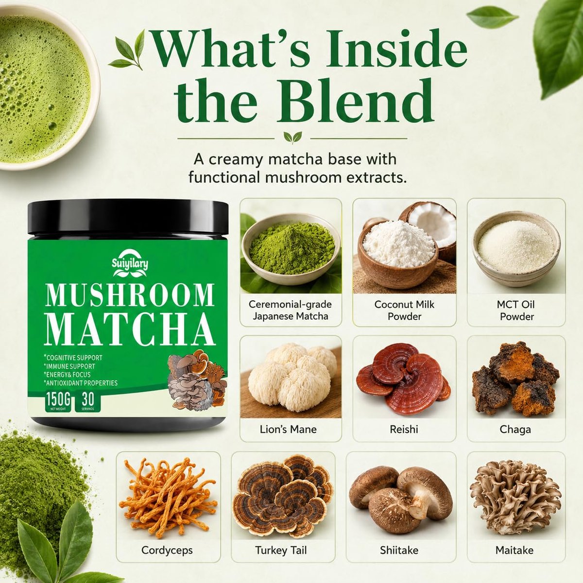 Suiyilary Mushroom Matcha – Zeremonieller Matcha-Pulver mit 7 Superfood-Pilzen, glutenfrei, 150 g (30 Portionen)