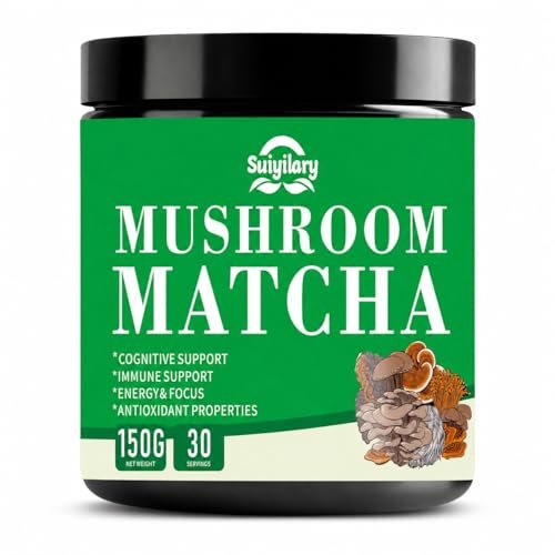 Suiyilary Mushroom Matcha – Zeremonieller Matcha-Pulver mit 7 Superfood-Pilzen, glutenfrei, 150 g (30 Portionen)