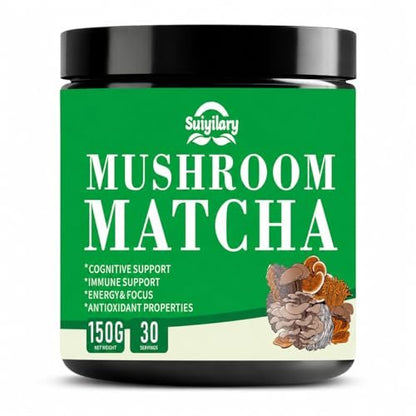 Suiyilary Mushroom Matcha – Zeremonieller Matcha-Pulver mit 7 Superfood-Pilzen, glutenfrei, 150 g (30 Portionen)