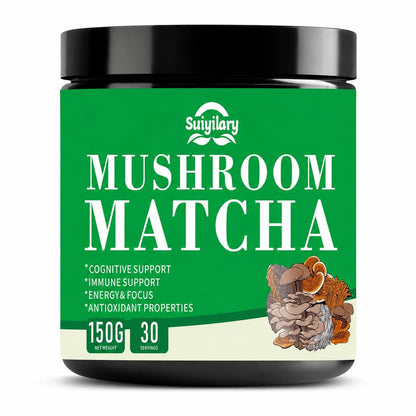 Suiyilary Mushroom Matcha – Zeremonieller Matcha-Pulver mit 7 Superfood-Pilzen, glutenfrei, 150 g (30 Portionen)