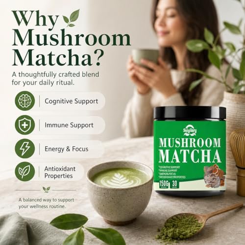 Suiyilary Mushroom Matcha – Zeremonieller Matcha-Pulver mit 7 Superfood-Pilzen, glutenfrei, 150 g (30 Portionen)