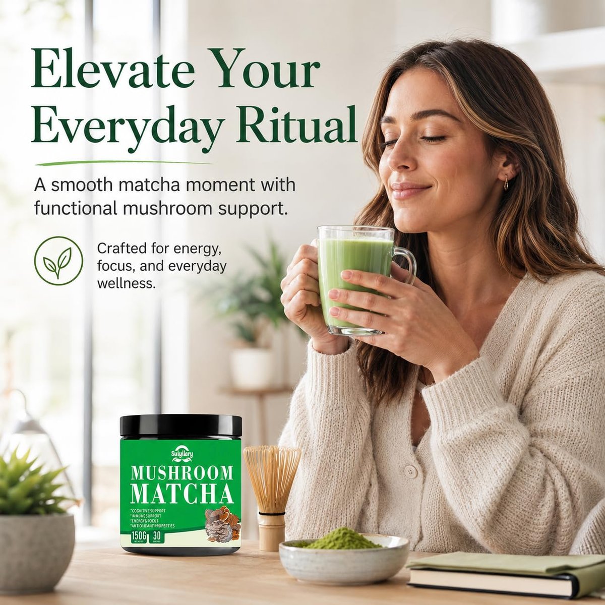 Suiyilary Mushroom Matcha – Zeremonieller Matcha-Pulver mit 7 Superfood-Pilzen, glutenfrei, 150 g (30 Portionen)