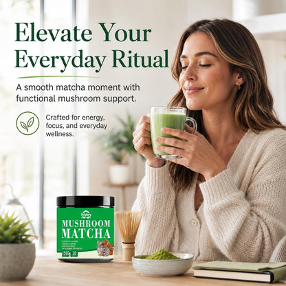 Suiyilary Mushroom Matcha – Zeremonieller Matcha-Pulver mit 7 Superfood-Pilzen, glutenfrei, 150 g (30 Portionen)