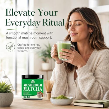 Suiyilary Mushroom Matcha – Zeremonieller Matcha-Pulver mit 7 Superfood-Pilzen, glutenfrei, 150 g (30 Portionen)