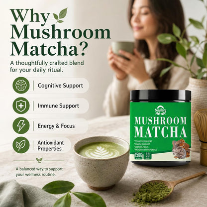 Suiyilary Mushroom Matcha – Zeremonieller Matcha-Pulver mit 7 Superfood-Pilzen, glutenfrei, 150 g (30 Portionen)