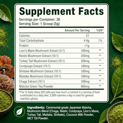 Suiyilary Mushroom Matcha – Zeremonieller Matcha-Pulver mit 7 Superfood-Pilzen, glutenfrei, 150 g (30 Portionen)