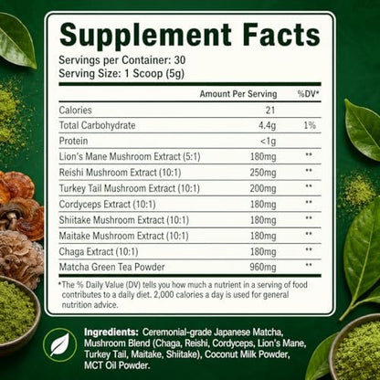 Suiyilary Mushroom Matcha – Zeremonieller Matcha-Pulver mit 7 Superfood-Pilzen, glutenfrei, 150 g (30 Portionen)