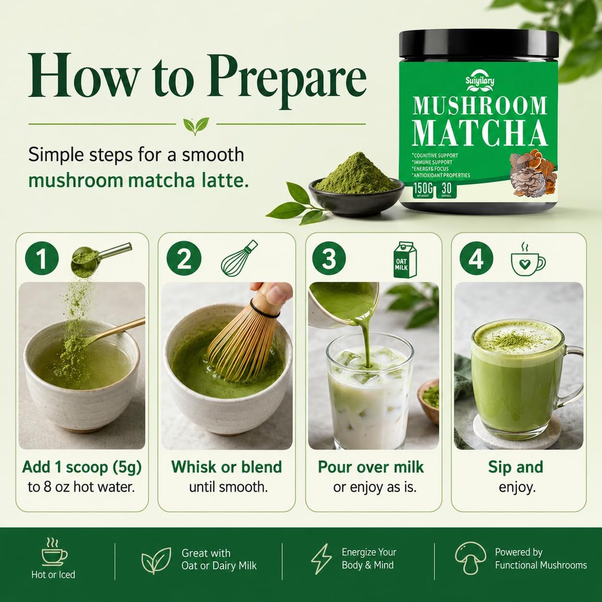 Suiyilary Mushroom Matcha – Zeremonieller Matcha-Pulver mit 7 Superfood-Pilzen, glutenfrei, 150 g (30 Portionen)