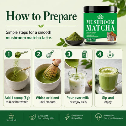 Suiyilary Mushroom Matcha – Zeremonieller Matcha-Pulver mit 7 Superfood-Pilzen, glutenfrei, 150 g (30 Portionen)