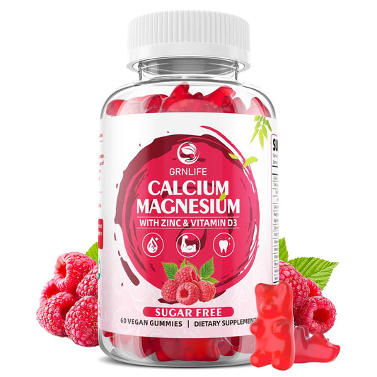 GrnLife Calcium Magnesium Zink Gummibärchen mit Vitamin D3, Zuckerfrei, Himbeergeschmack, 60 Stück