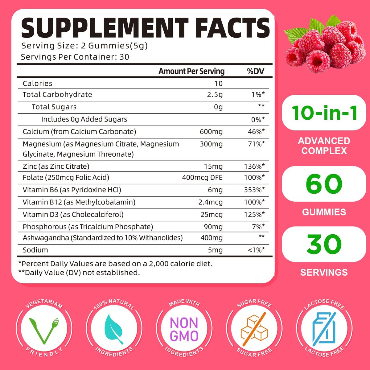 GrnLife Calcium Magnesium Zink Gummibärchen mit Vitamin D3, Zuckerfrei, Himbeergeschmack, 60 Stück