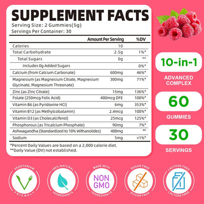 GrnLife Calcium Magnesium Zink Gummibärchen mit Vitamin D3, Zuckerfrei, Himbeergeschmack, 60 Stück