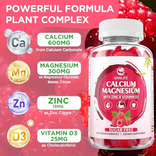 GrnLife Calcium Magnesium Zink Gummibärchen mit Vitamin D3, Zuckerfrei, Himbeergeschmack, 60 Stück