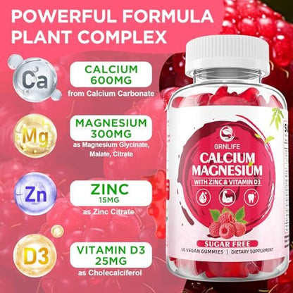 GrnLife Calcium Magnesium Zink Gummibärchen mit Vitamin D3, Zuckerfrei, Himbeergeschmack, 60 Stück