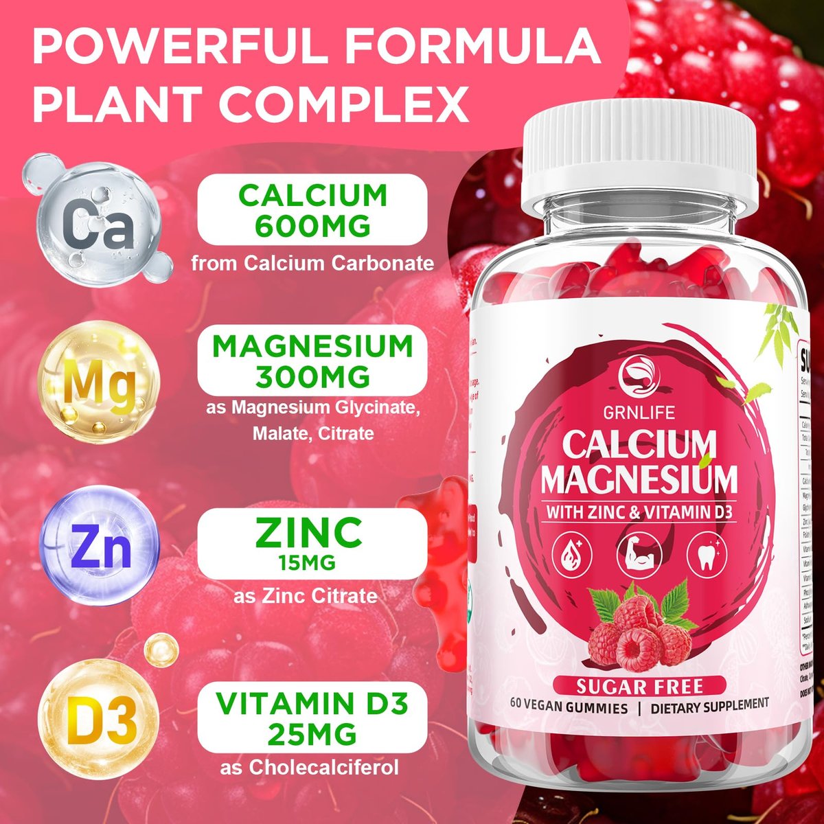 GrnLife Calcium Magnesium Zink Gummibärchen mit Vitamin D3, Zuckerfrei, Himbeergeschmack, 60 Stück