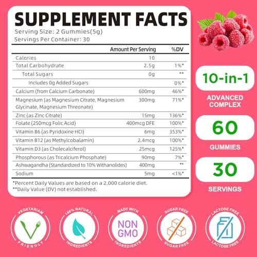 GrnLife Calcium Magnesium Zink Gummibärchen mit Vitamin D3, Zuckerfrei, Himbeergeschmack, 60 Stück