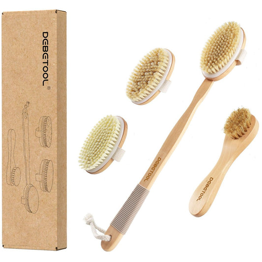 DEBETOOL Trockenbürsten Set – Naturborsten Körper- & Gesichtsbürste, Holzgriff, abnehmbare Bürstenköpfe für Cellulite & Lymphdrainage