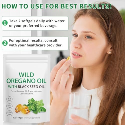 Oregano-Öl Weichkapseln, 120 Kapseln, 165 mg Carvacrol, 2-in-1 Oreganoöl mit Schwarzkümmelöl 200 mg, Oreganoöl Nahrungsergänzungsmittel