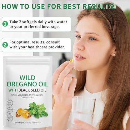 Oregano-Öl Weichkapseln, 120 Kapseln, 165 mg Carvacrol, 2-in-1 Oreganoöl mit Schwarzkümmelöl 200 mg, Oreganoöl Nahrungsergänzungsmittel