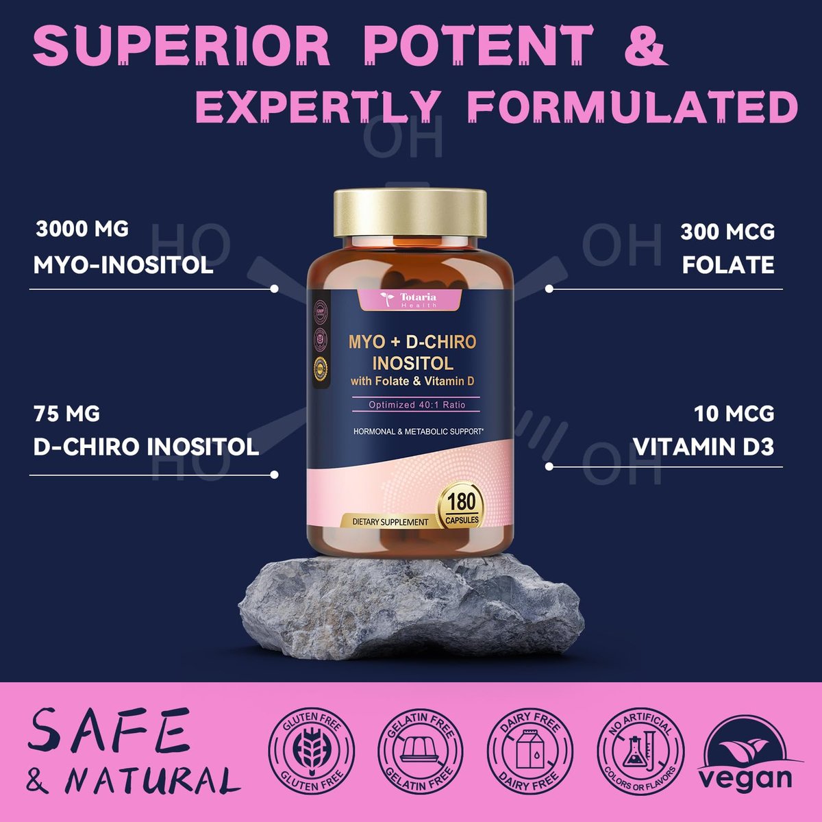 Totaria Inositol Komplex für Frauen mit Vitamin D3, Folsäure, 40:1 Myo-Inositol & D-Chiro Inositol, 180 Kapseln, 60 Portionen, 2 Monate Vorrat