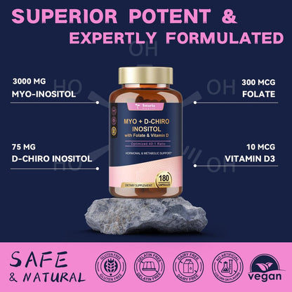 Totaria Inositol Komplex für Frauen mit Vitamin D3, Folsäure, 40:1 Myo-Inositol & D-Chiro Inositol, 180 Kapseln, 60 Portionen, 2 Monate Vorrat